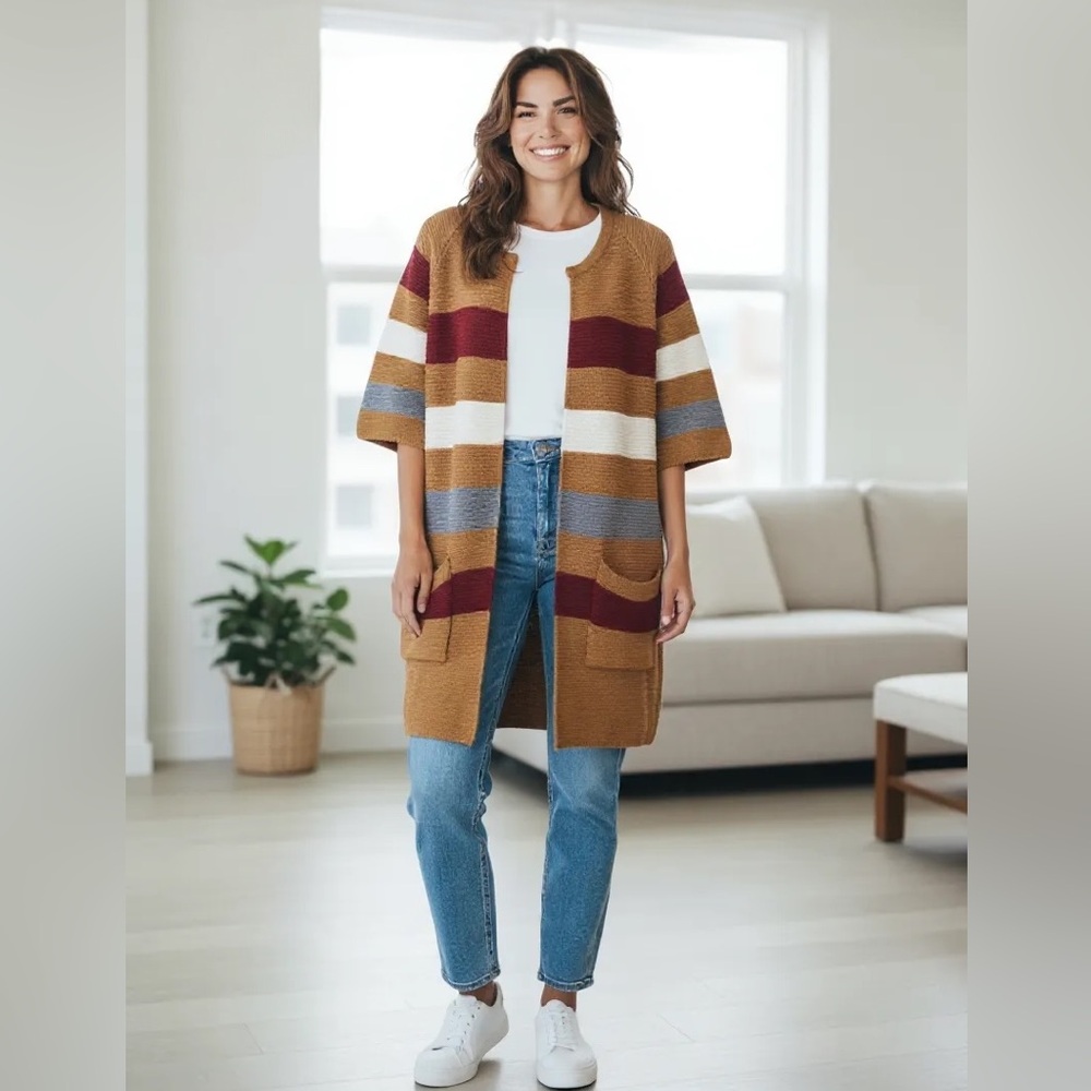 UFA scandi girl bohemian open front colorblock knit casual sweater cardigan OSFM